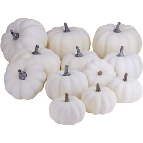 12 PCS Assorted Sizes Rustic Harvest White Artificial Pumpkins for Halloween - Picture 1 of 8